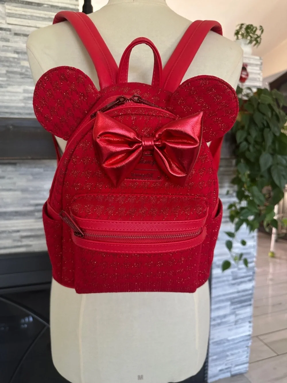 Loungefly Red Glitter Mouse-Ear Mini Backpack with Satin Bow